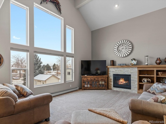 living room with carpet floors, a baseboard radiator, a stone fireplace, high vaulted ceiling, and beamed ceiling