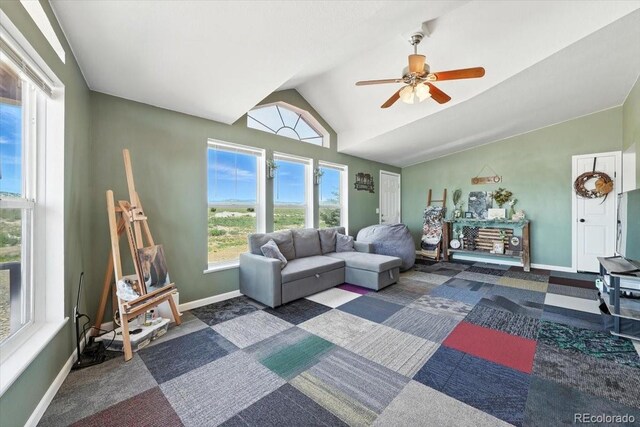 3316 Carlson Rd, Rye, CO 81069 - living area featuring lofted ceiling, carpet flooring, and a ceiling fan