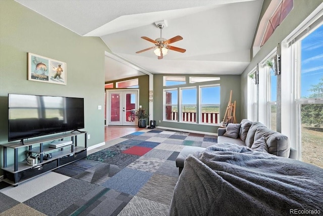 3316 Carlson Rd, Rye, CO 81069 - carpeted living room featuring vaulted ceiling and ceiling fan