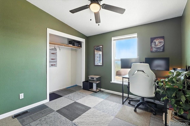 3316 Carlson Rd, Rye, CO 81069 - carpeted office space with lofted ceiling and a ceiling fan