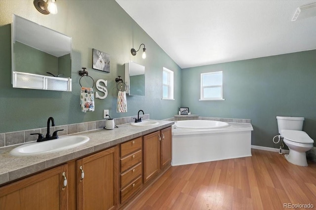 3316 Carlson Rd, Rye, CO 81069 - full bathroom with vaulted ceiling, a garden tub, wood finished floors, and double vanity