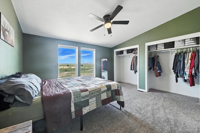 3316 Carlson Rd, Rye, CO 81069 - bedroom featuring multiple closets, carpet floors, vaulted ceiling, and a ceiling fan
