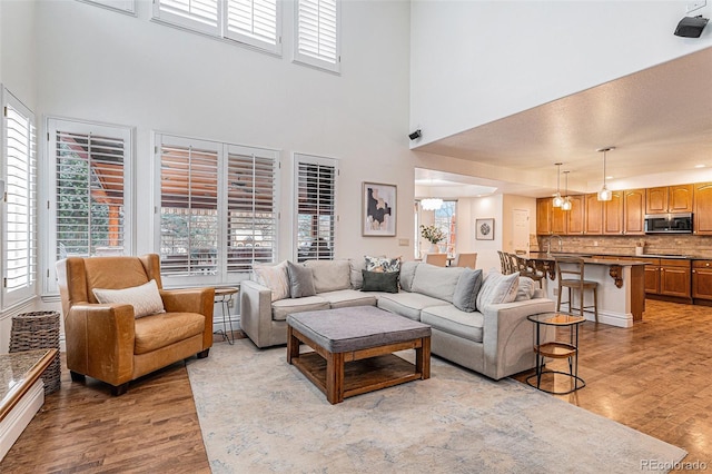 living room featuring a towering ceiling and wood finished floors