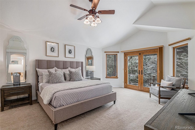 bedroom featuring a ceiling fan, access to outside, french doors, carpet flooring, and vaulted ceiling