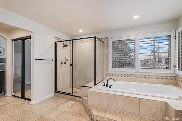 full bath with tile patterned floors, a garden tub, recessed lighting, and a shower stall