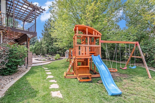 view of jungle gym featuring a lawn