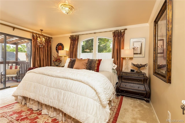 5298 Pony Creek Cir, Colorado Springs, CO 80919 - bedroom with carpet, access to outside, ornamental molding, and a chandelier