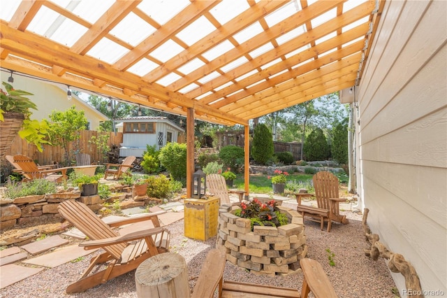 5298 Pony Creek Cir, Colorado Springs, CO 80919 - fenced backyard with an outdoor structure, a patio area, and a pergola