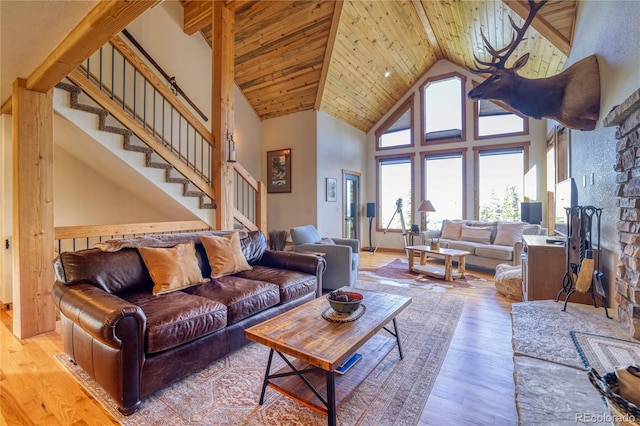 living room with wood ceiling, high vaulted ceiling, beamed ceiling, and wood-type flooring