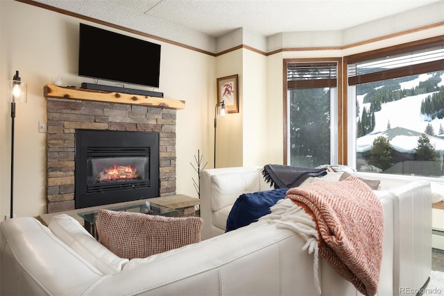 living area featuring a stone fireplace, a textured ceiling, and a baseboard radiator