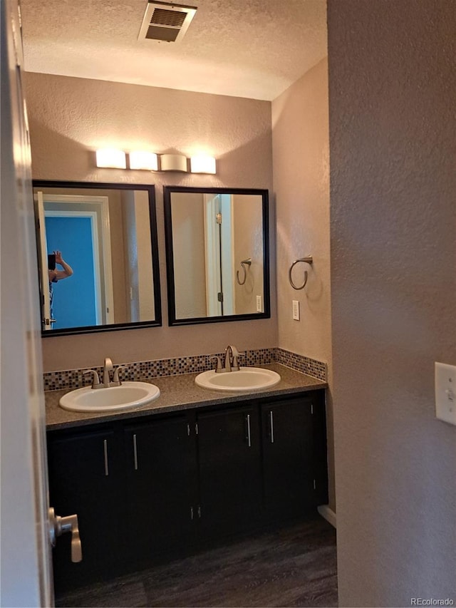 2226 W Elizabeth St Unit C304, Fort Collins, CO 80521 - bathroom featuring a textured wall, a textured ceiling, wood finished floors, and double vanity
