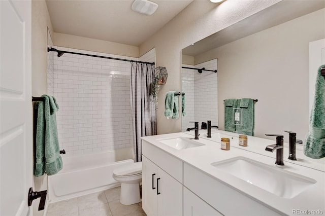 3765 W 88th Ct, Westminster, CO 80031 - bathroom featuring shower / bath combination with curtain, double vanity, tile patterned flooring, and toilet