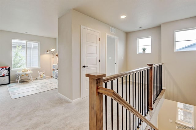 3765 W 88th Ct, Westminster, CO 80031 - hall featuring an upstairs landing, carpet floors, baseboards, and recessed lighting
