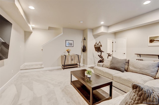 3765 W 88th Ct, Westminster, CO 80031 - living room with recessed lighting, light colored carpet, baseboards, and stairs