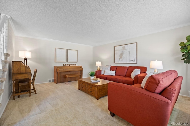 3726 E Nichols Ave, Centennial, CO 80122 - living room with light colored carpet, ornamental molding, and a textured ceiling
