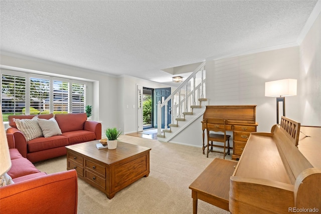 3726 E Nichols Ave, Centennial, CO 80122 - living area with light colored carpet, a textured ceiling, ornamental molding, and stairway
