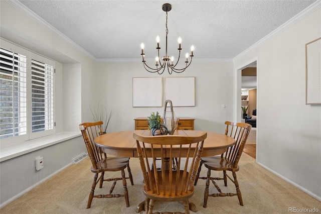 3726 E Nichols Ave, Centennial, CO 80122 - dining room with ornamental molding, a chandelier, light colored carpet, a textured ceiling, and baseboards