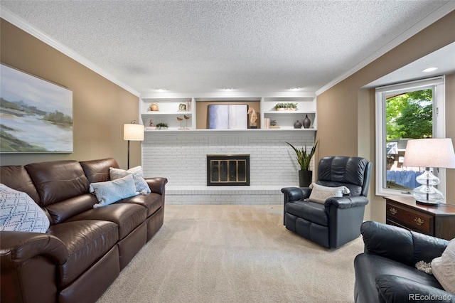 3726 E Nichols Ave, Centennial, CO 80122 - living room with carpet flooring, ornamental molding, a textured ceiling, a fireplace, and built in features