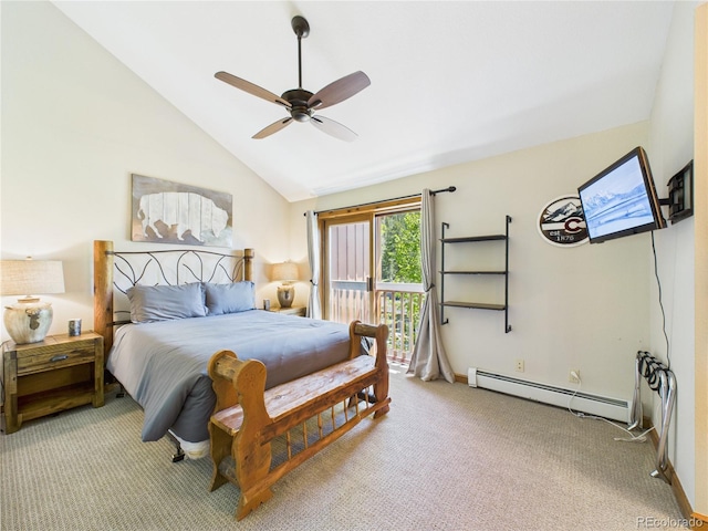 27 Lake Ridge Cir Unit 1842, Dillon, CO 80435 - bedroom featuring a baseboard radiator, lofted ceiling, light carpet, access to outside, and a ceiling fan