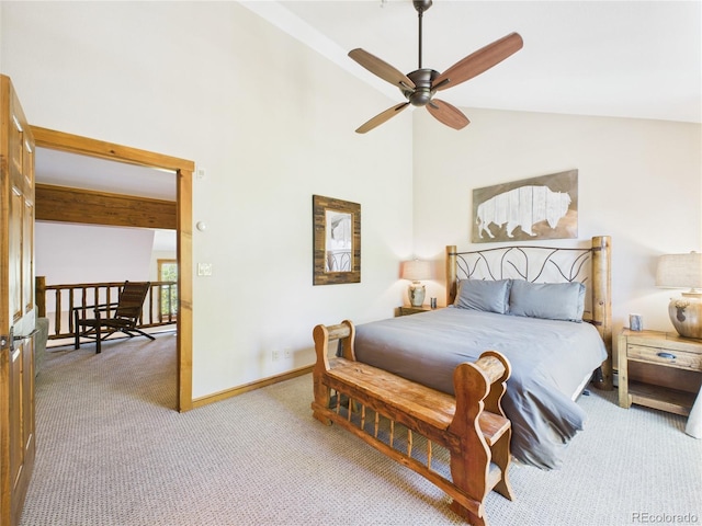 27 Lake Ridge Cir Unit 1842, Dillon, CO 80435 - bedroom featuring carpet floors, high vaulted ceiling, a ceiling fan, and baseboards