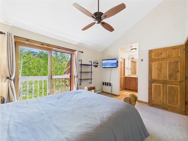 27 Lake Ridge Cir Unit 1842, Dillon, CO 80435 - bedroom featuring access to exterior, vaulted ceiling, light carpet, ensuite bathroom, and ceiling fan
