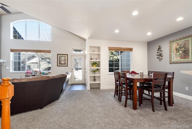 dining area featuring built in shelves, carpet, recessed lighting, a ceiling fan, and baseboards