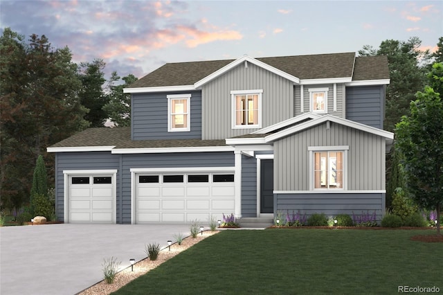 view of front of home with a lawn, driveway, and a shingled roof