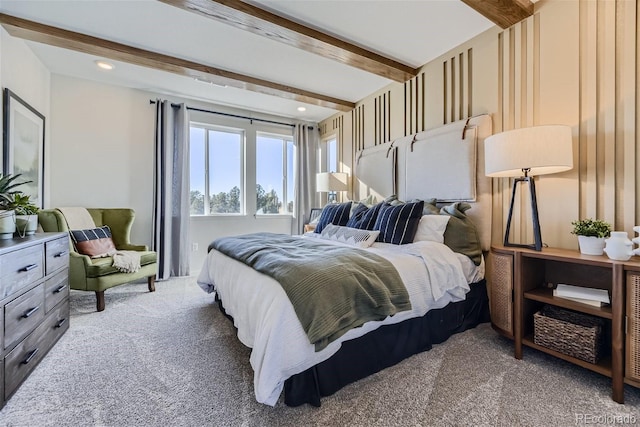 carpeted bedroom featuring recessed lighting and beamed ceiling