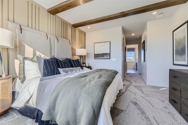 bedroom featuring visible vents, baseboards, light carpet, beam ceiling, and recessed lighting