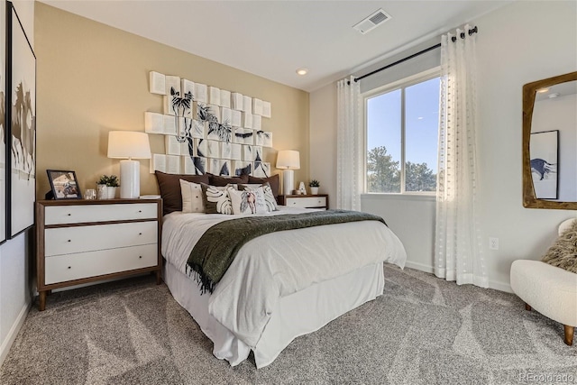 bedroom with recessed lighting, carpet, visible vents, and baseboards