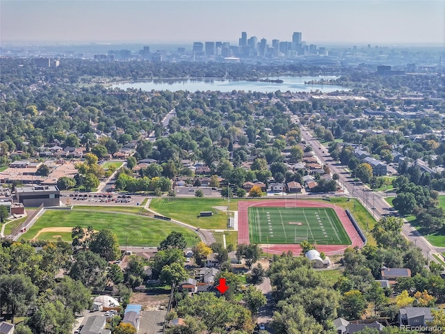 bird's eye view with a water view