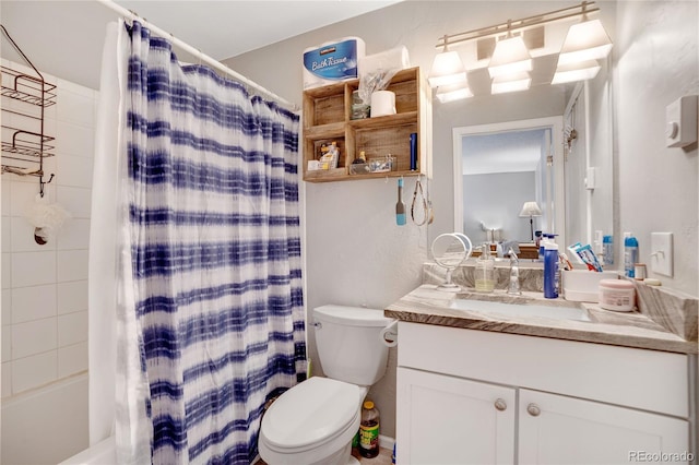 full bathroom with toilet, shower / bath combo, and vanity