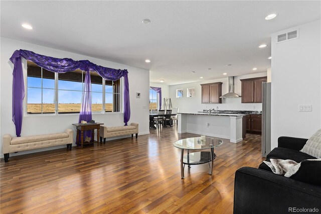 living room with dark hardwood / wood-style floors and sink