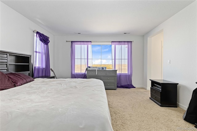 bedroom with light carpet and a textured ceiling