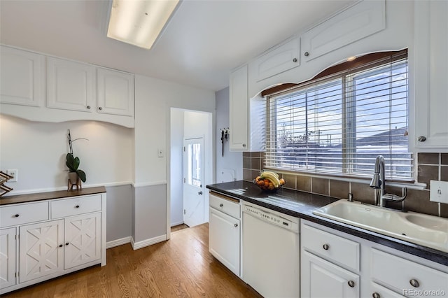 kitchen featuring white cabinets, decorative backsplash, sink, and dishwasher