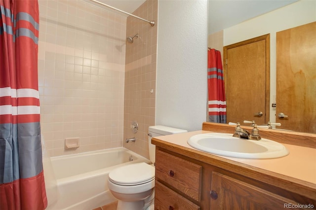 full bathroom featuring vanity, shower / bath combo, and toilet