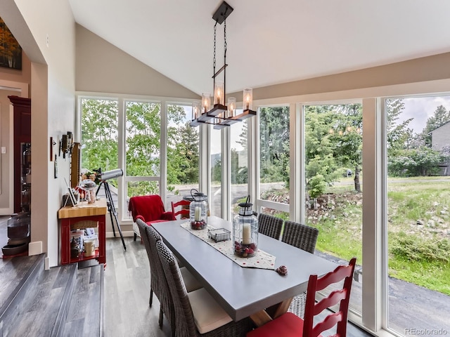 7273 Silverhorn Dr, Evergreen, CO 80439 - dining room featuring wood finished floors, lofted ceiling, and a chandelier
