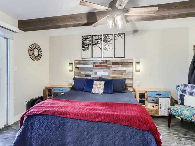 7273 Silverhorn Dr, Evergreen, CO 80439 - bedroom featuring wood finished floors, a ceiling fan, and beamed ceiling