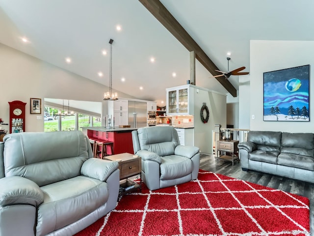 7273 Silverhorn Dr, Evergreen, CO 80439 - living room featuring high vaulted ceiling, a chandelier, dark wood-type flooring, a ceiling fan, and recessed lighting