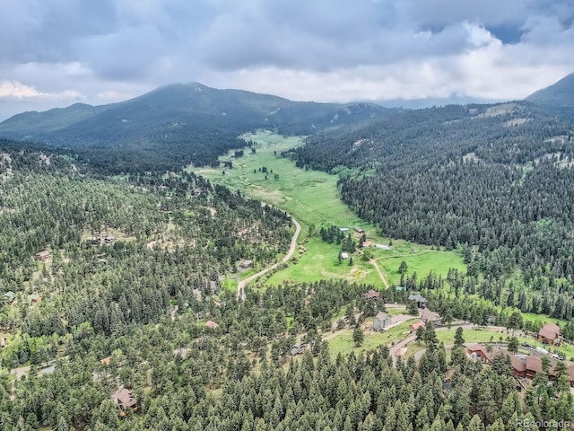 7273 Silverhorn Dr, Evergreen, CO 80439 - aerial view of property and surrounding area featuring a forest and a mountain backdrop