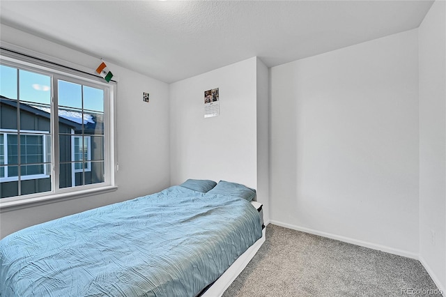 bedroom with carpet flooring and a textured ceiling