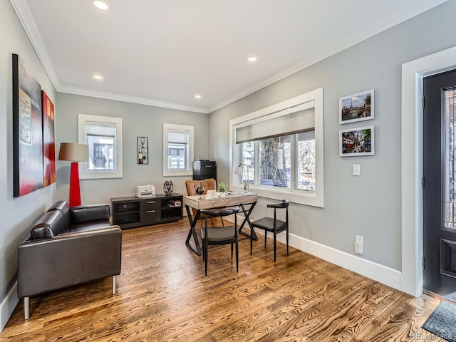 office featuring ornamental molding, recessed lighting, baseboards, and wood finished floors