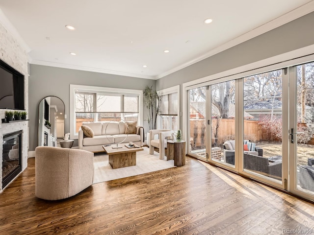 living room featuring a stone fireplace, ornamental molding, wood finished floors, and a wealth of natural light