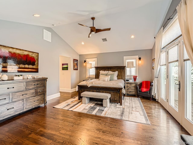 bedroom featuring baseboards, dark wood-style flooring, visible vents, and access to exterior