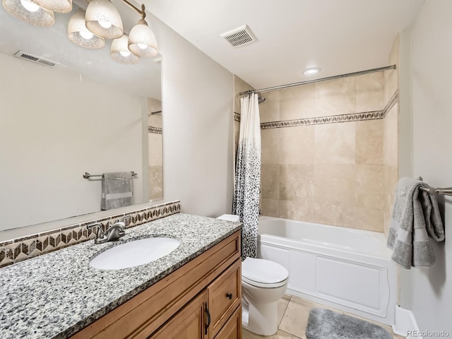 full bathroom featuring toilet, visible vents, shower / bath combo with shower curtain, and tile patterned floors