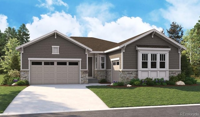 craftsman house with an attached garage, stone siding, driveway, and a front lawn