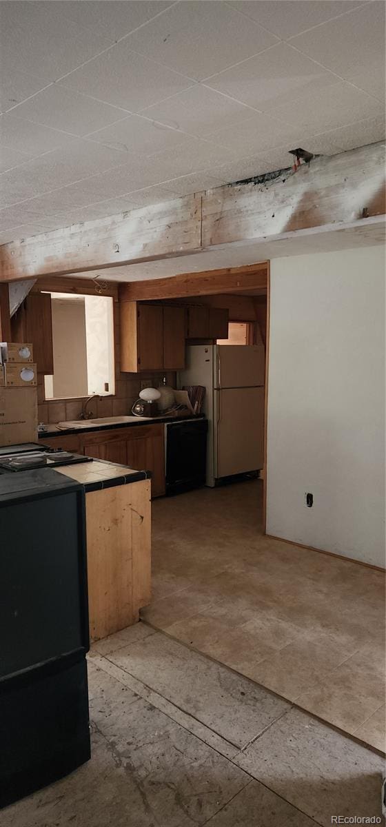 1 Ute Trl, Evergreen, CO 80439 - kitchen featuring freestanding refrigerator and black dishwasher