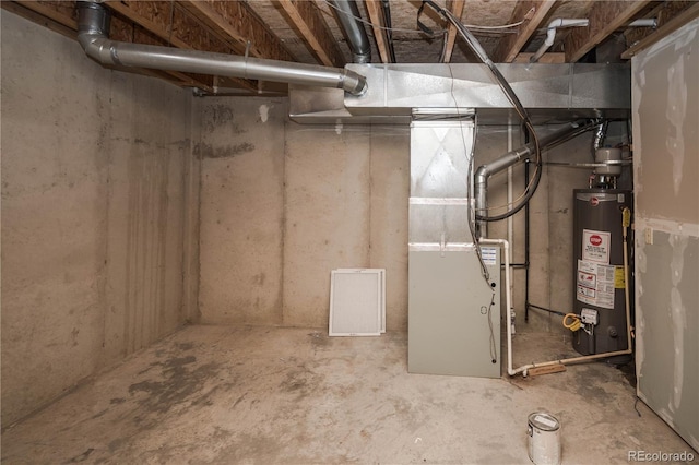 basement with heating unit and water heater