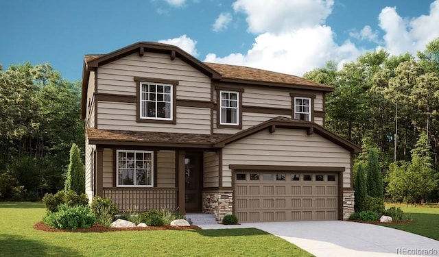 1374 Lumber Ridge Cir S, Erie, CO 80516 - view of front of home featuring a garage, a front lawn, concrete driveway, and stone siding