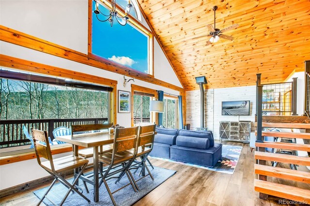 82 Sheep Ridge Rd, Fairplay, CO 80440 - dining room featuring high vaulted ceiling, wood ceiling, wood finished floors, and ceiling fan